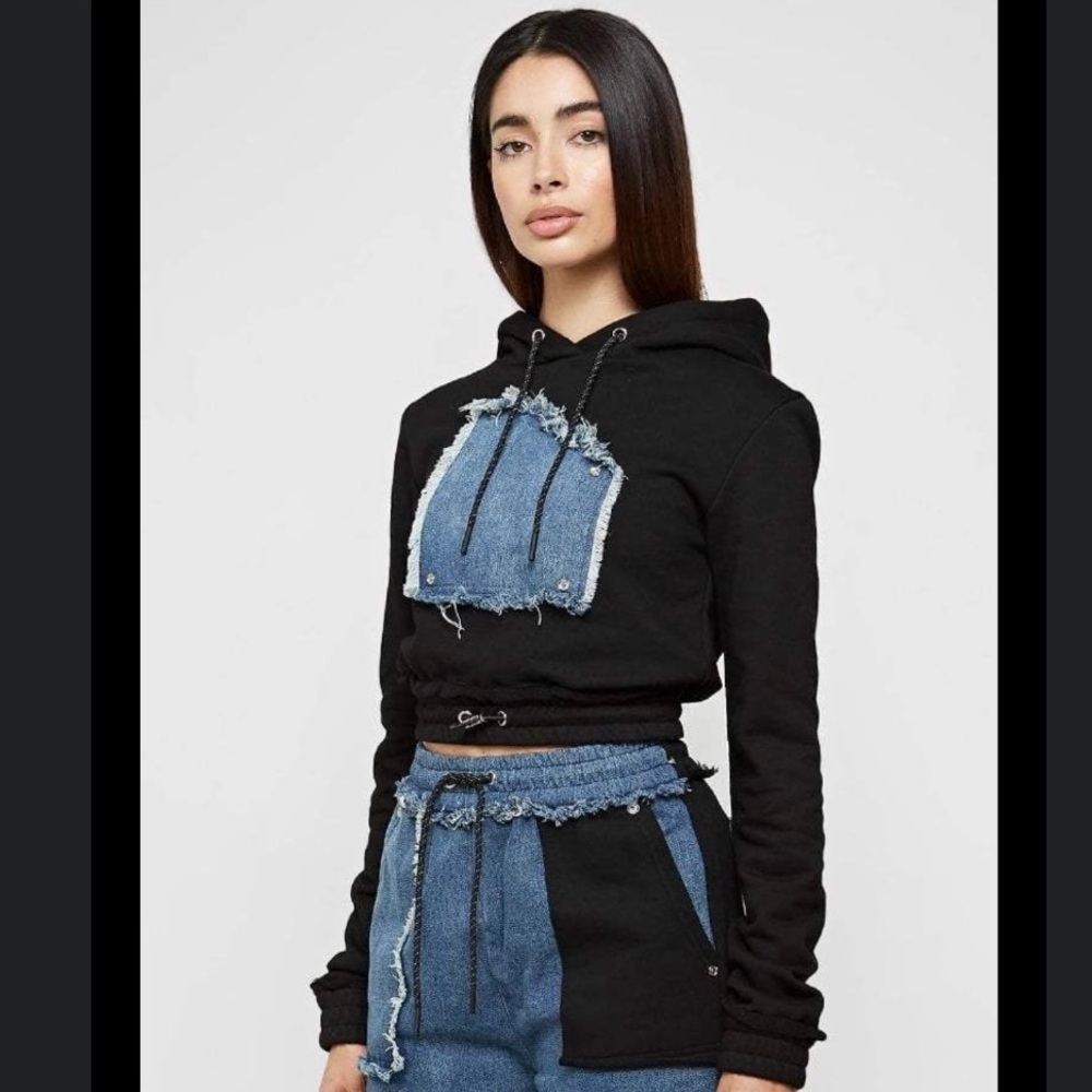 Manier De Voir Cropped Black/Demin Hooded Women's Hoodie